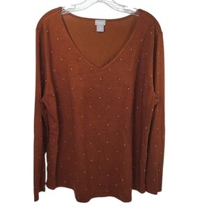 CHICO'S  Rust Brown Long Sleeve V-Neck Tee with Gold studs Sz XL 3